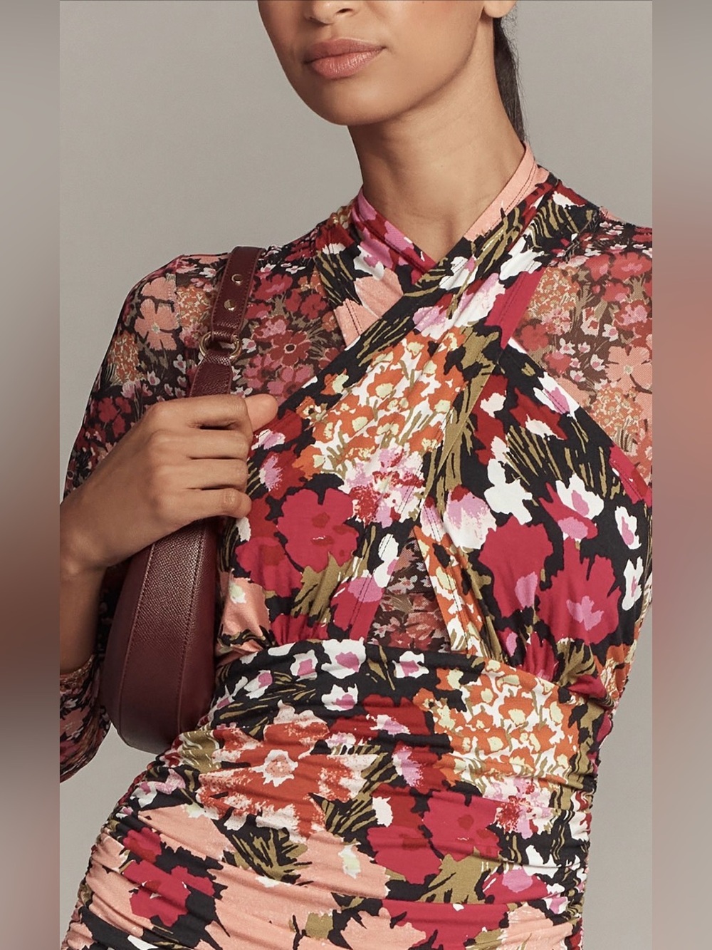 By Anthropologie Long Sleeve Halter Neck Mesh Midi Floral Dress Size Large - Picture 2 of 10